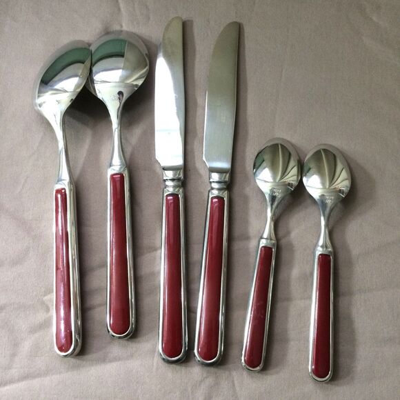 Excalibur Seed Flatware Italy 2 Dinner Forks 2 Serv Spoons 2 Teaspoons Maroon - Picture 2 of 3